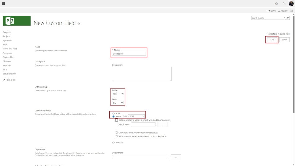 Creating a corporate column of contractors for tasks in MS Project Server