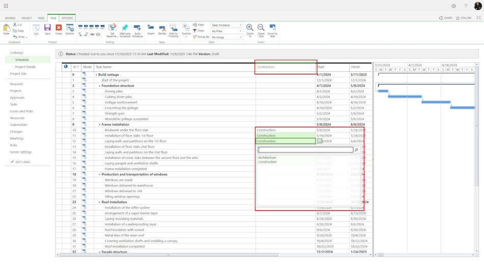 Description of contractor tasks on MS Project Server