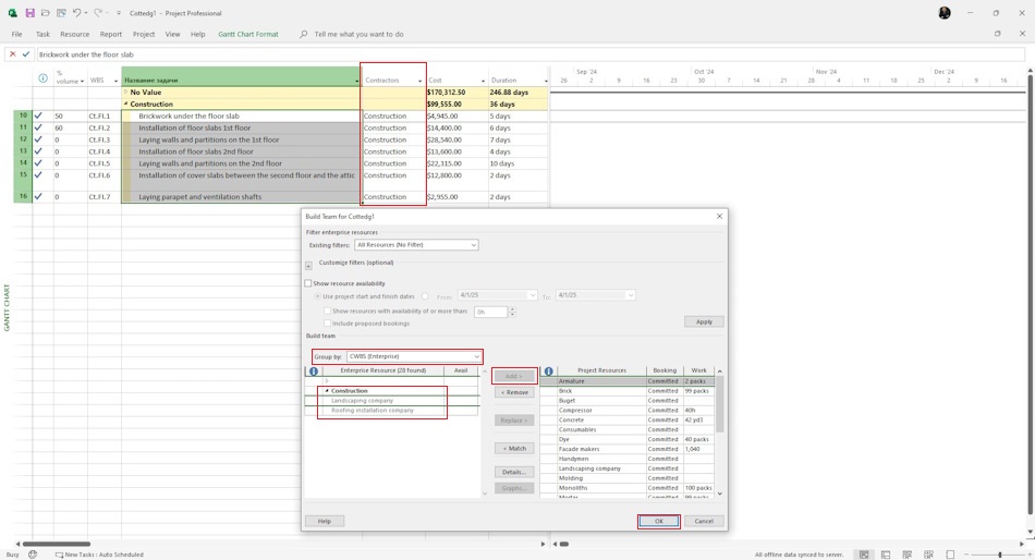 Assigning corporate contractors to project tasks in MS Project Pro