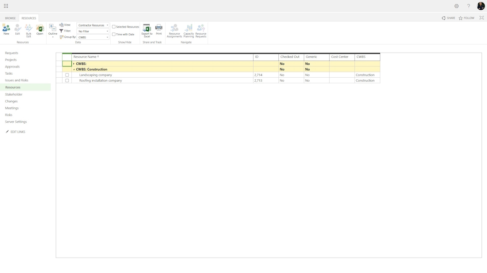 Select portfolio contractors for MS Project Server analysis
