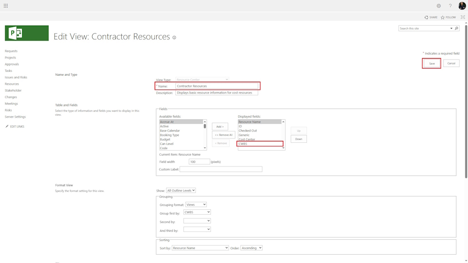 Create a view for analyzing portfolio contractors in MS Project Server