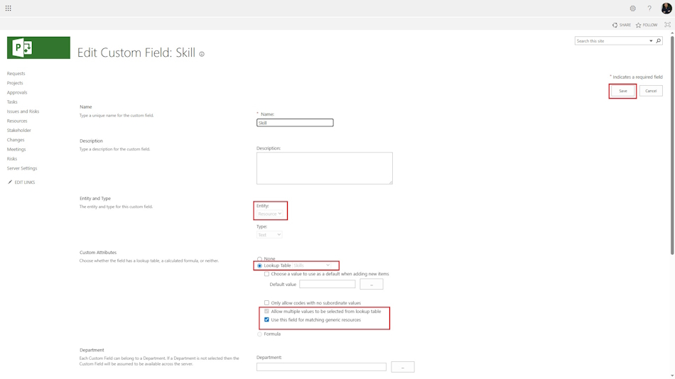 Skill settings in MS Project Server
