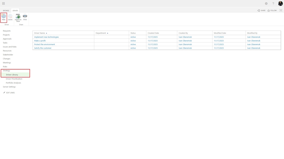 Description of strategy drivers in MS Project Server