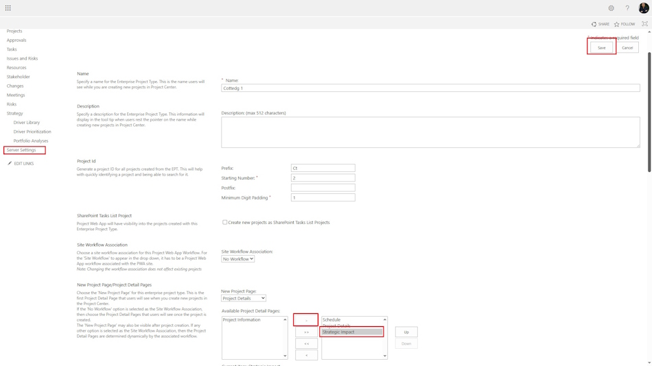 Configuring the display of project strategy drivers in MS Project Server