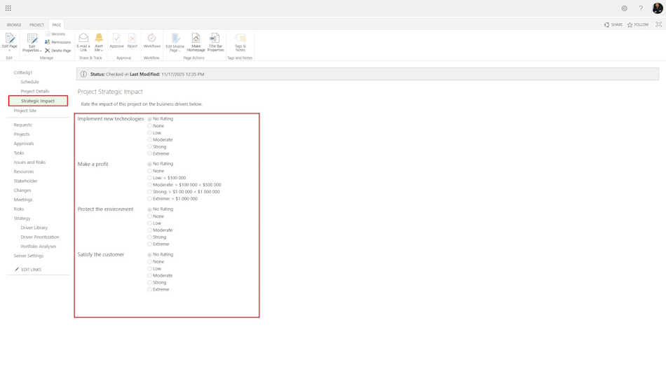 Setting project strategy drivers MS Project Server