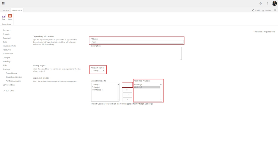 Connection type “Dependency” between projects in a strategy in MS Project Server
