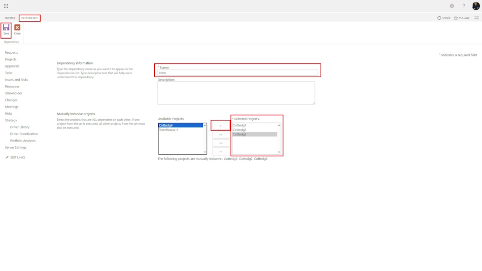 “Mutual inclusion” relationship type between projects in a strategy in MS Project Server