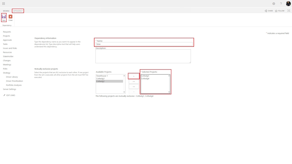 “Mutual exclusion” relationship type between projects in a strategy in MS Project Server
