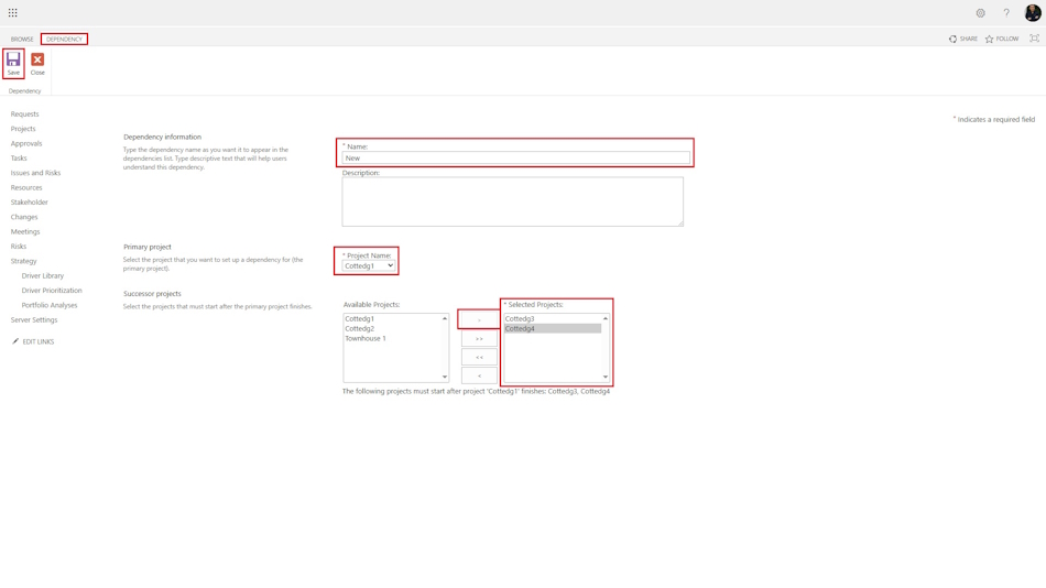 "Finish-to-start" relationship type between projects in a strategy in MS Project Server