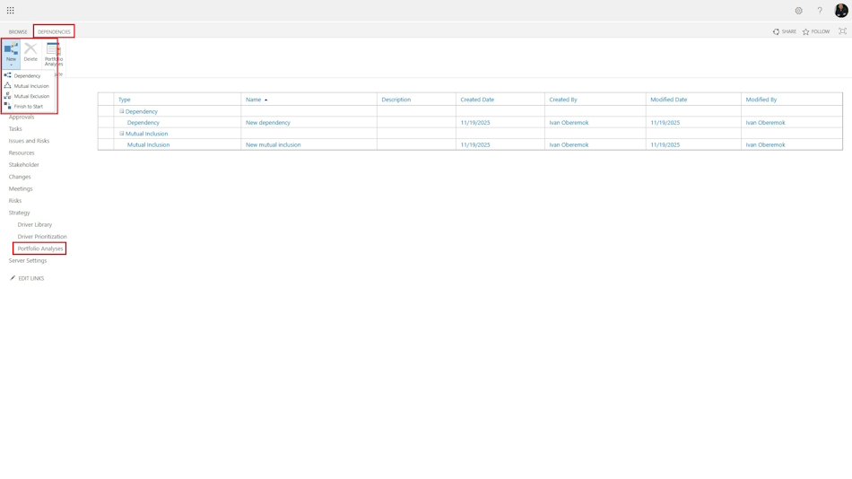 Setting dependencies between projects in a strategy in MS Project Server