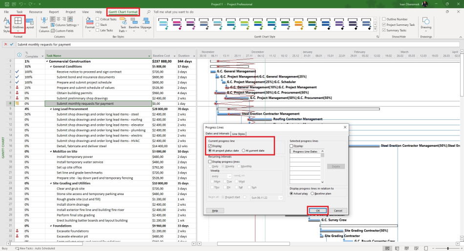 Showing the progress line in MS Project Pro