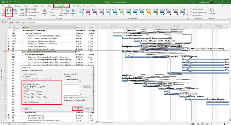 Showing progress lines in MS Project Pro