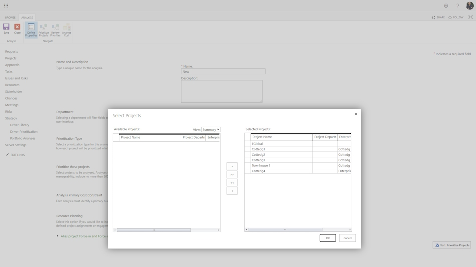 Defining analysis properties in MS Project Server