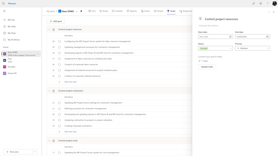 Creating project goals in MS Planner 1