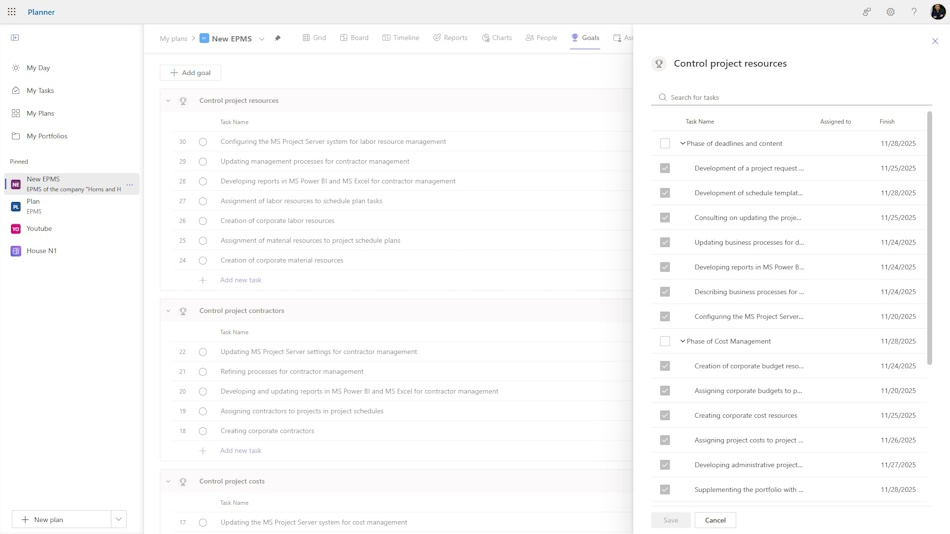 Assigning tasks to project goals in MS Planner
