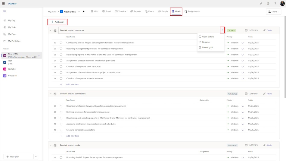 Creating project goals in MS Planner
