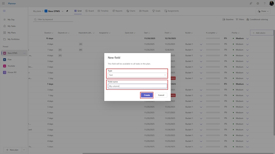 Adding a custom column in MS Planner 1