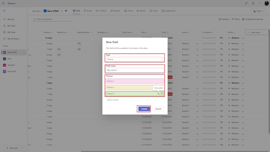 Adding a custom column in MS Planner 2