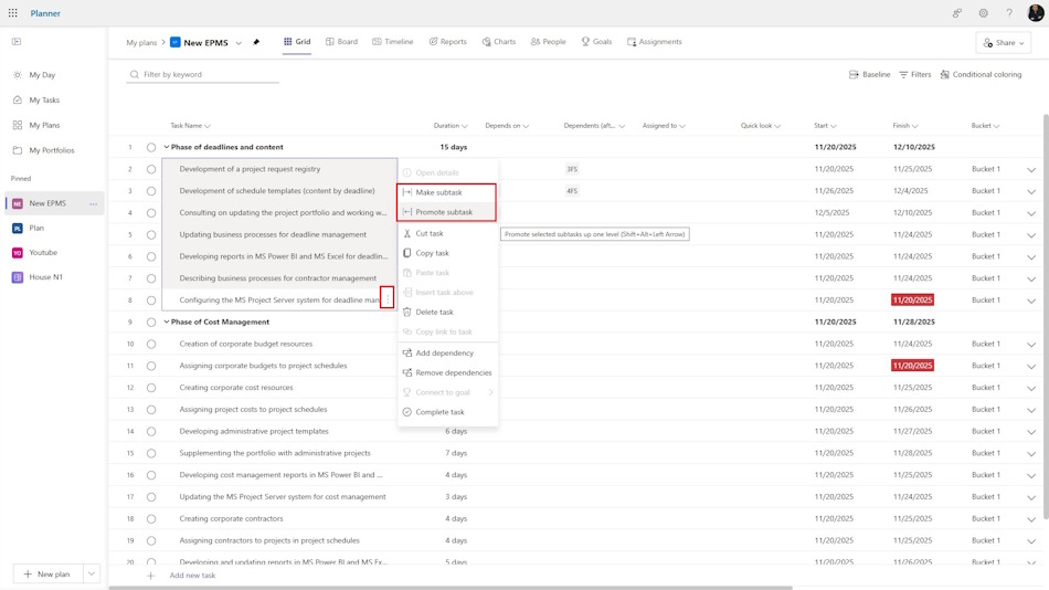 Planning summary tasks in MS Planner
