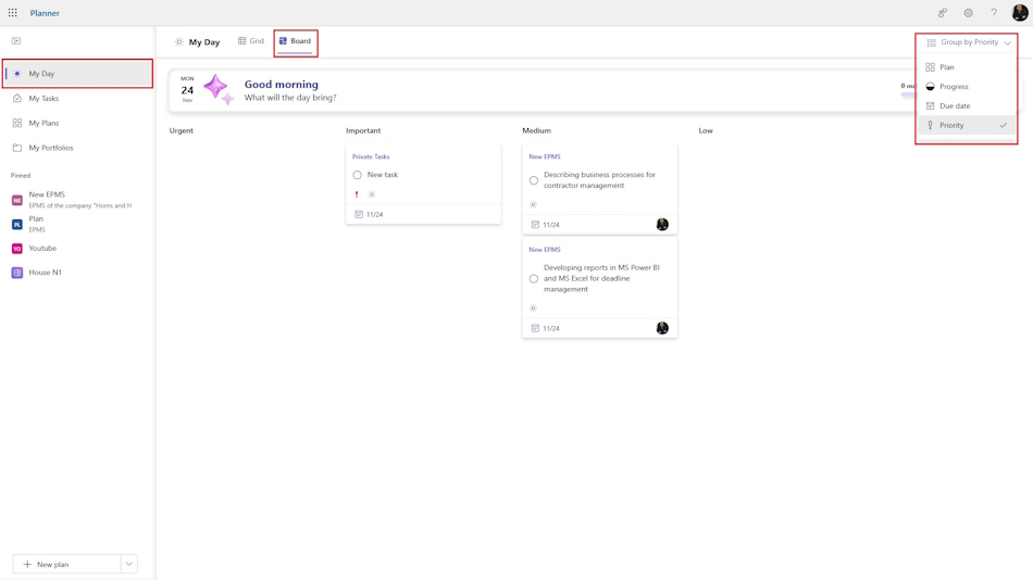 Description of daily tasks on the board in MS Planner