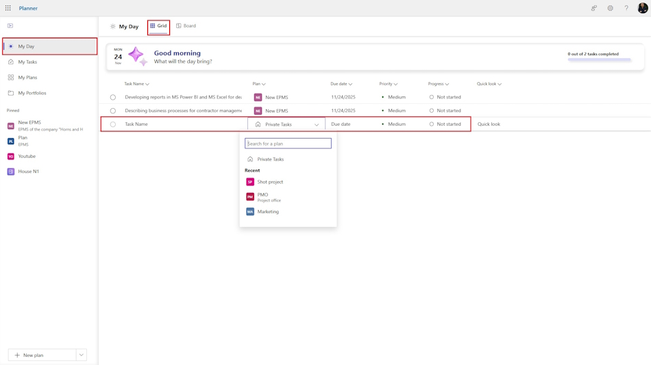 Description of daily tasks in the MS Planner grid