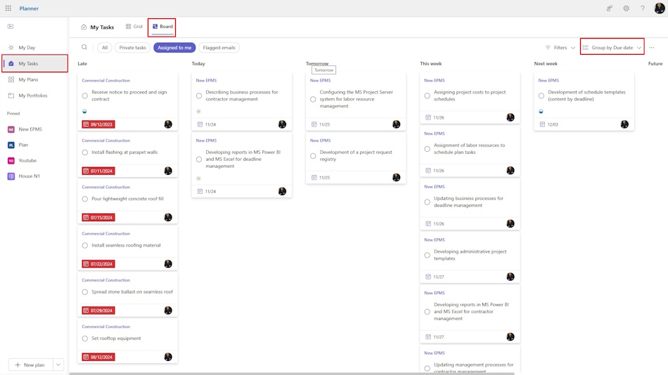 Your tasks on the board in MS Planner