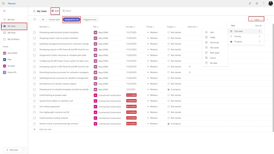 Your tasks in MS Planner