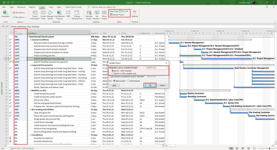 Update project in the MS Project Pro