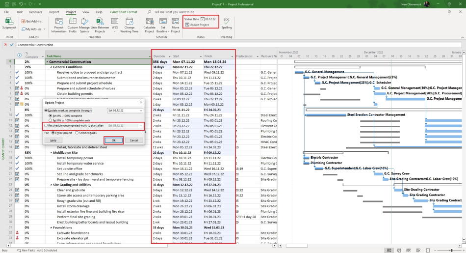 Update project with reschedule in the MS Project Pro
