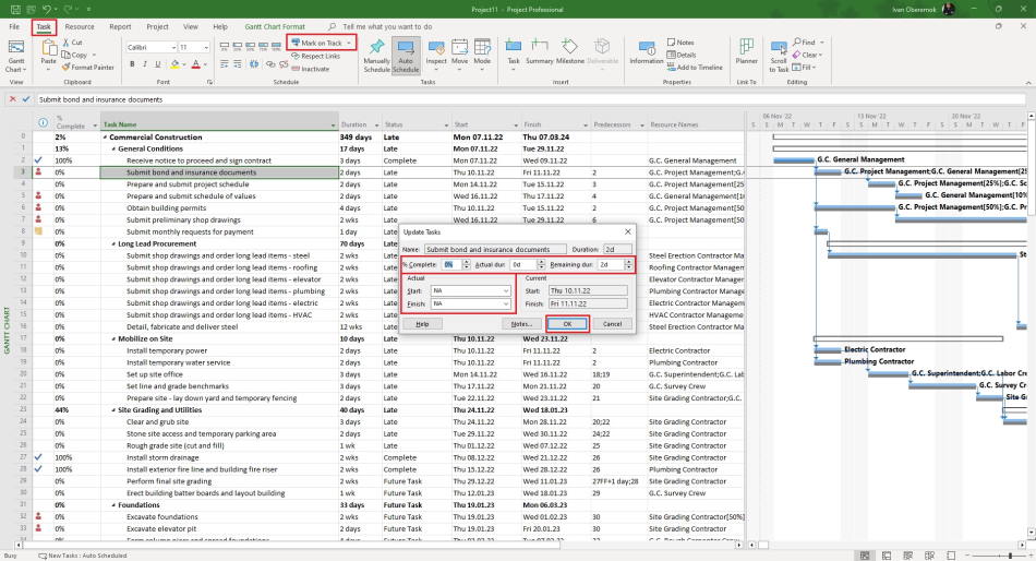 Update tasks in the MS Project Pro