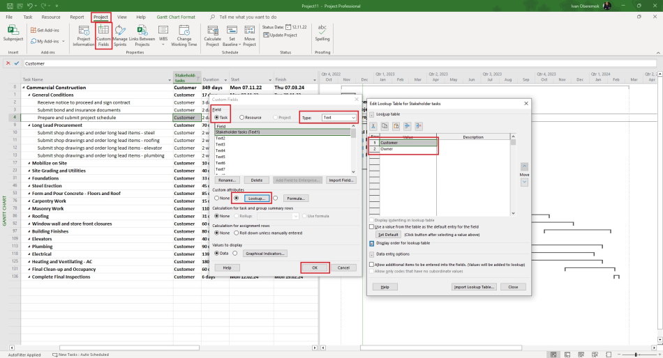 Stakeholder tasks in MS Project Pro