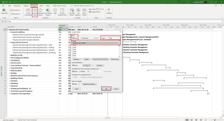 Strategic tasks in MS Project Pro