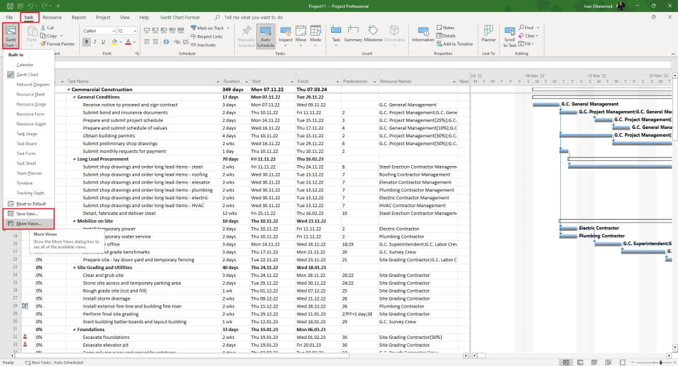 Using the views in MS Project Pro