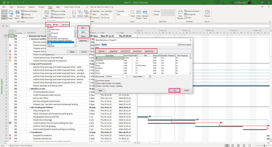 Adding and editing tables in MS Project Pro