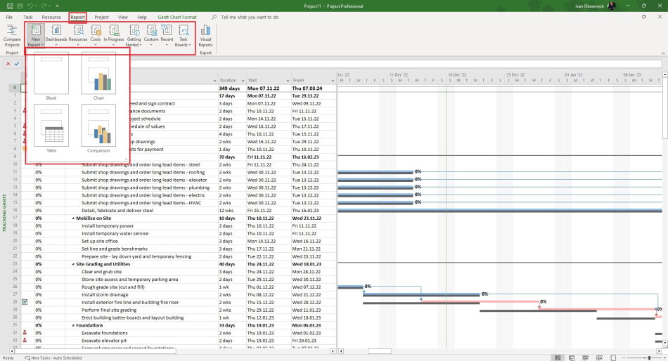 Using reports in MS Project Pro