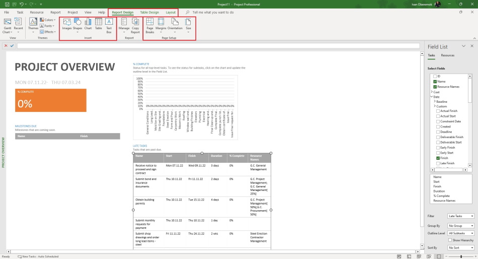 Editing the report in MS Project Pro