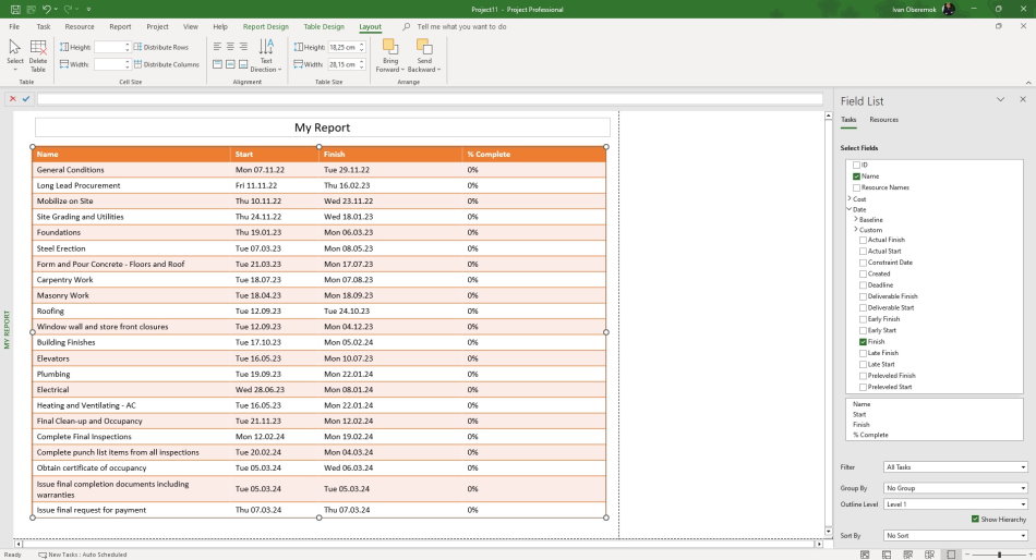 Customize the table in the report in MS Project Pro