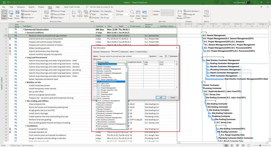 Assigning resources in window "Task Information" in MS Project