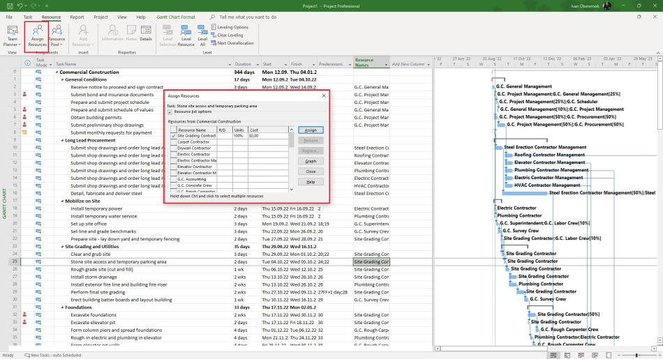 Assigning resources in window "Assign Resources" in MS Project