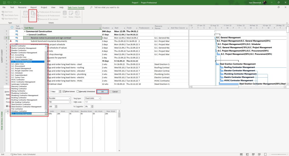 Assigning resources in window "Task details form" in MS Project