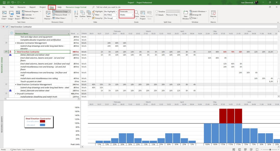 Resource assignments in resource usage view in MS Project