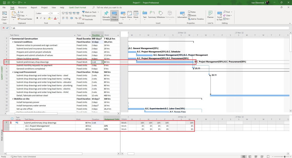 Using the fixed work task type in MS Project Pro