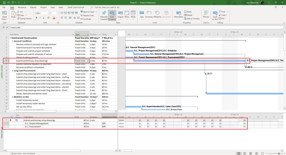 Using the fixed units task type in MS Project Pro