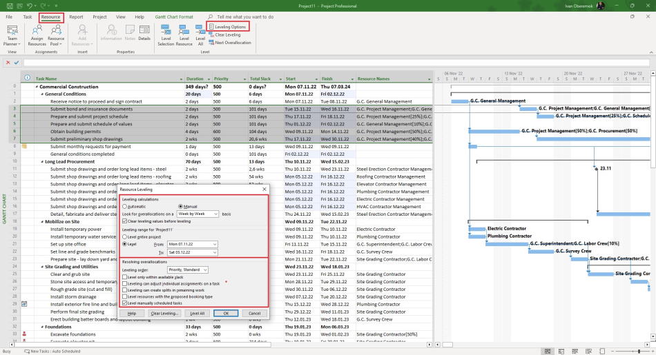 Customize resource leveling in MS Project Pro