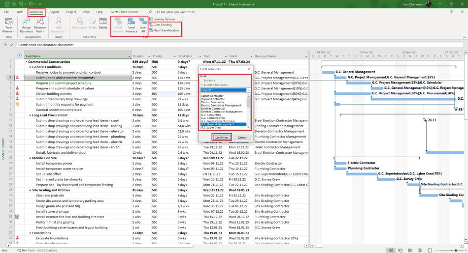 Automatic resource leveling in MS Project Pro