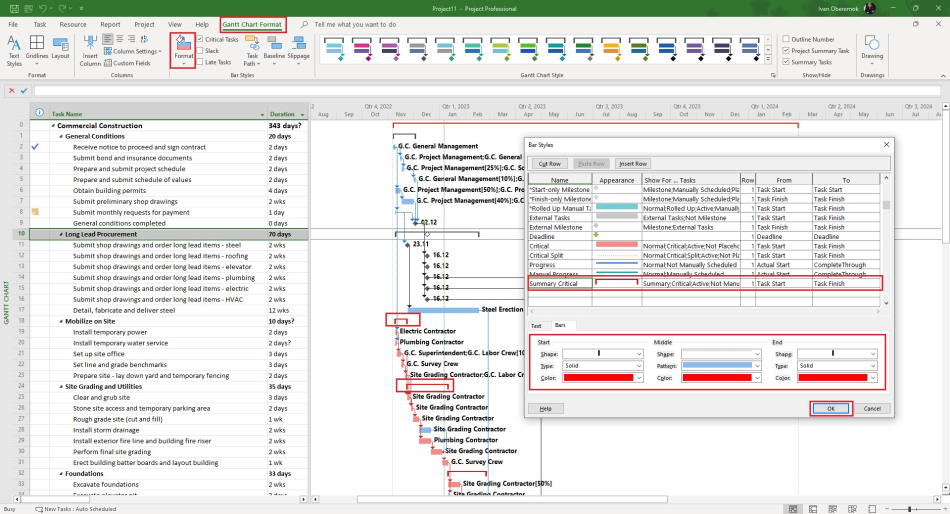 Customizing the critical path for summary tasks in MS Project Pro
