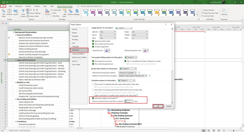 Customizing the critical path in MS Project Pro