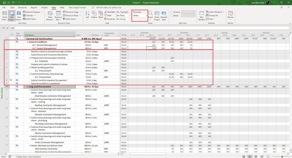Planning resources work in summary tasks in MS Project Pro