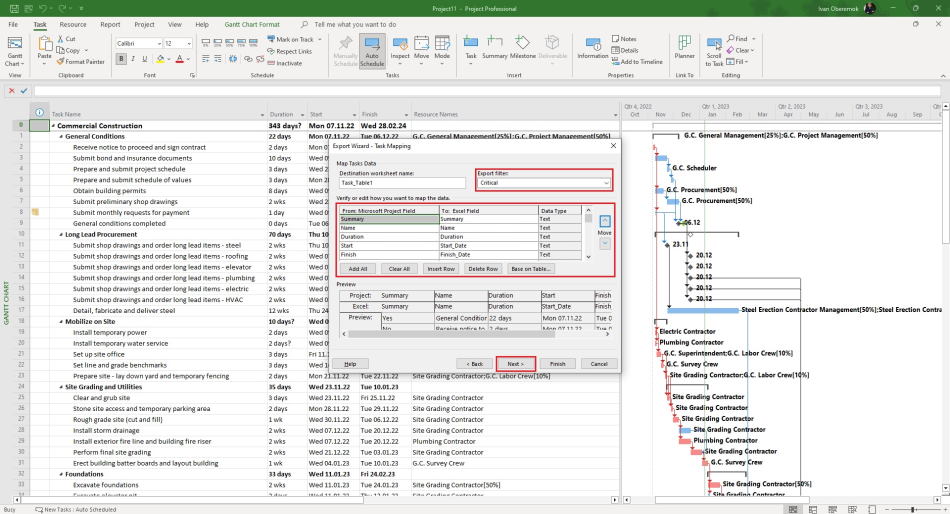 Steps to select fields to export data from MS Project Pro to MS Excel