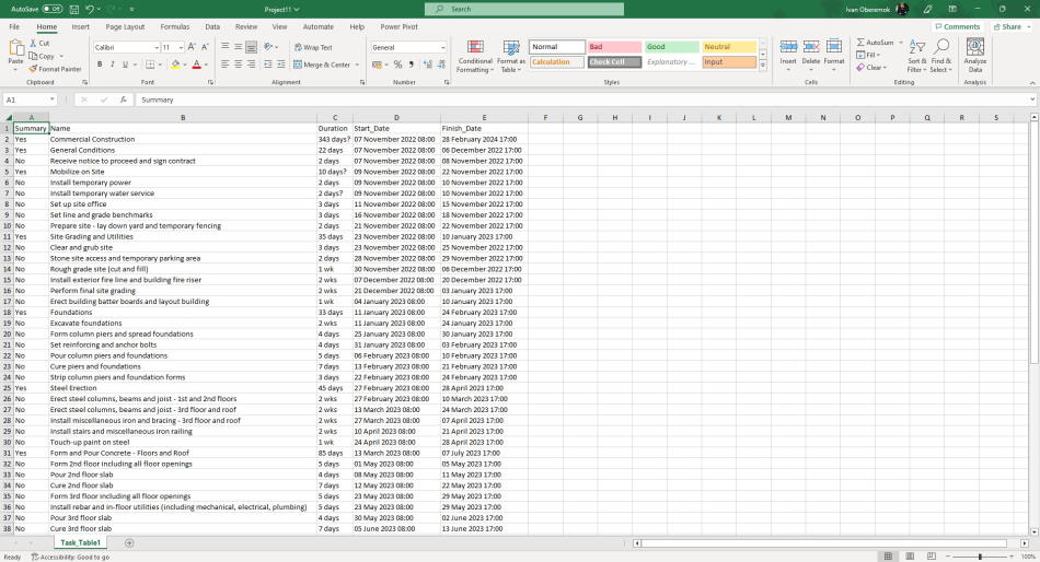 Excel file created by exporting data from MS Project Pro to MS Excel